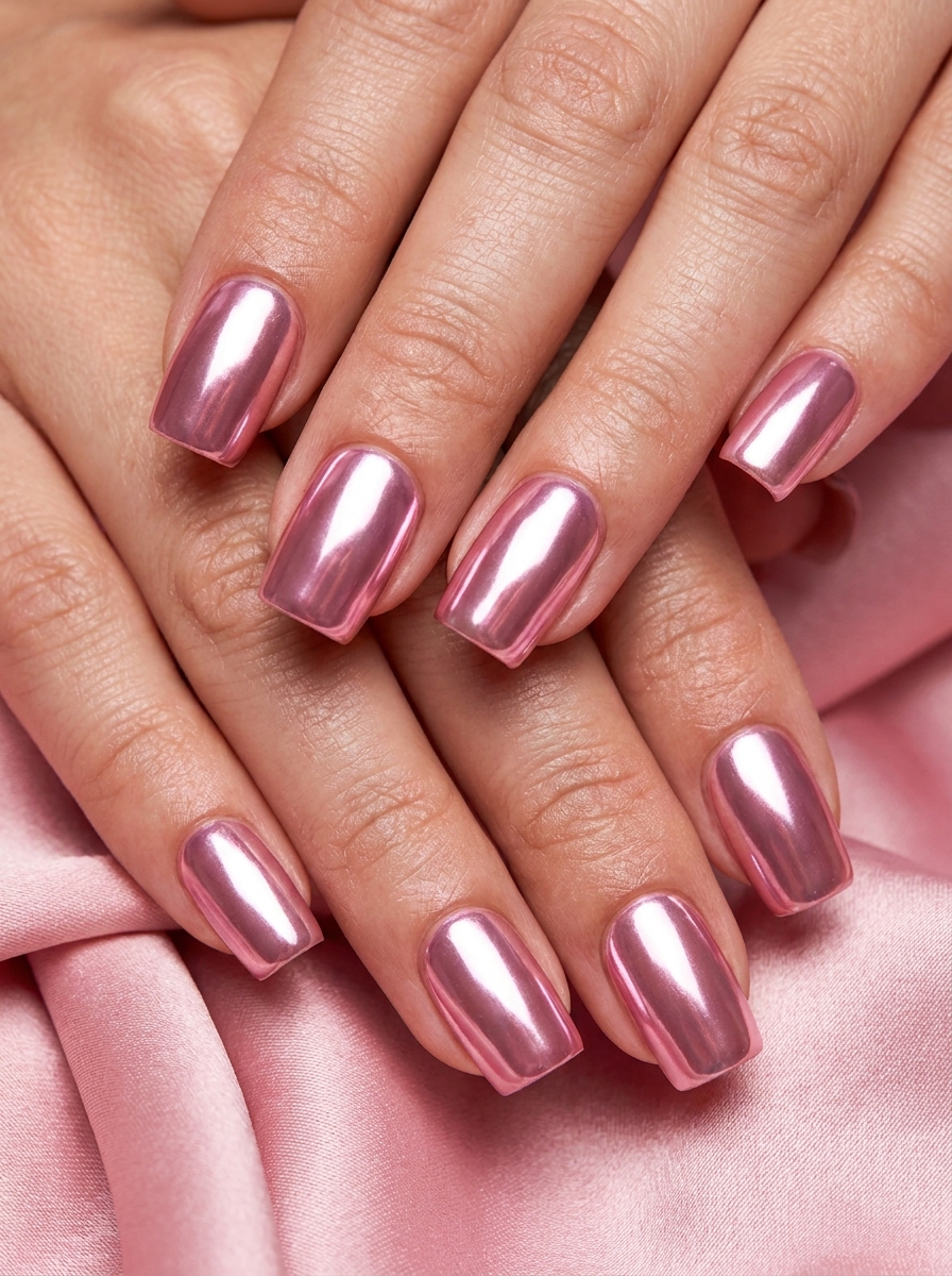 Pink Chrome Square Nails